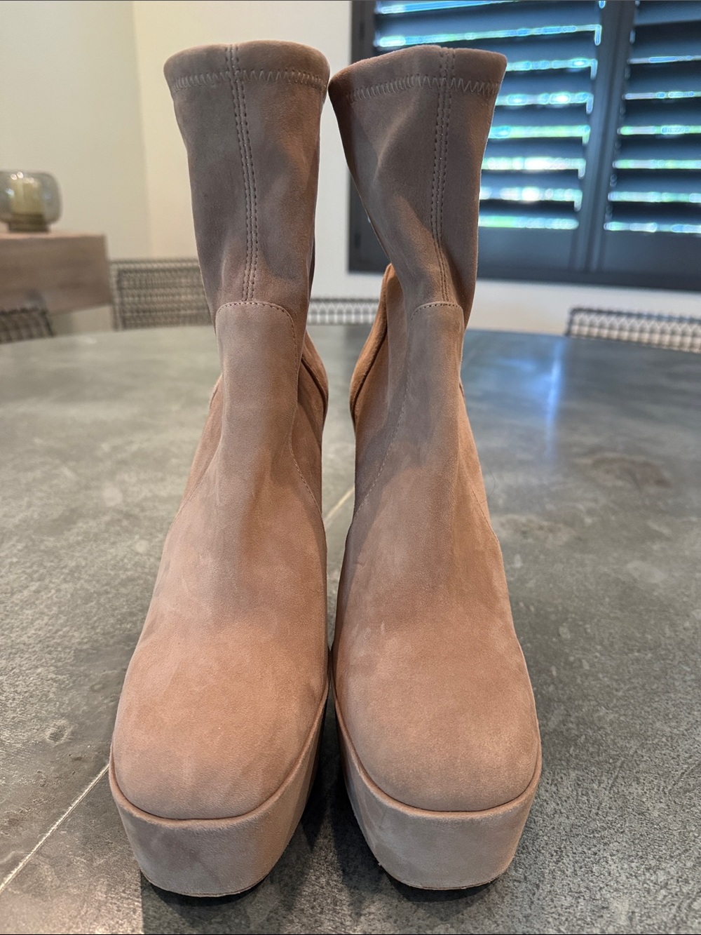 Stuart Weitzman Taupe Stretch Suede Platform Ankle Boots